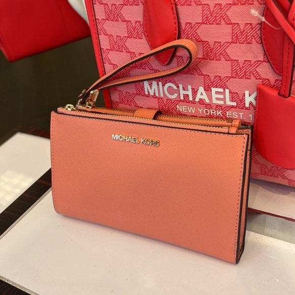 Michael Kors Jet Set Travel Leather Large Double Zip Wallet Wristlet Sherbert - Picture 2 of 16